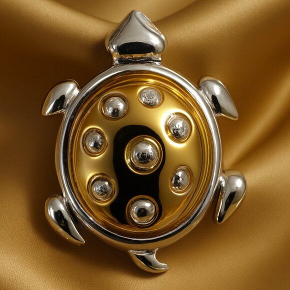 Dual tone Gold and Silver Polished Turtle Brooch– Elegant Fashion Statement Pin - Picture 1 of 12